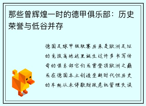那些曾辉煌一时的德甲俱乐部：历史荣誉与低谷并存